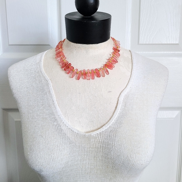 Piece #311 "Gold Dipped" Cherry Quartz & Gold Beadwork Collar Necklace Handmade - Picture 3 of 3